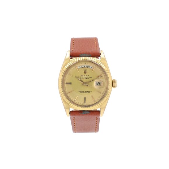 Rolex Day-Date 1803 36mm Champagne Index Dial Fluted Bezel Leather Band